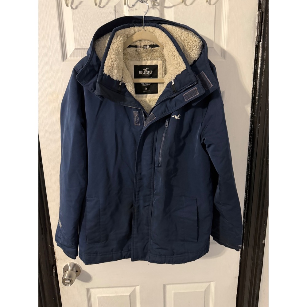 Hollister Mens All Weather Collection Faux Fur Lined Parka Jacket Navy Blue M